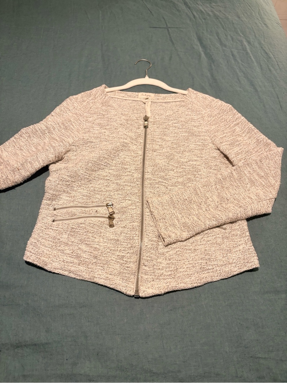 Light Heathered Zip-Front Knit Jacket in Cream